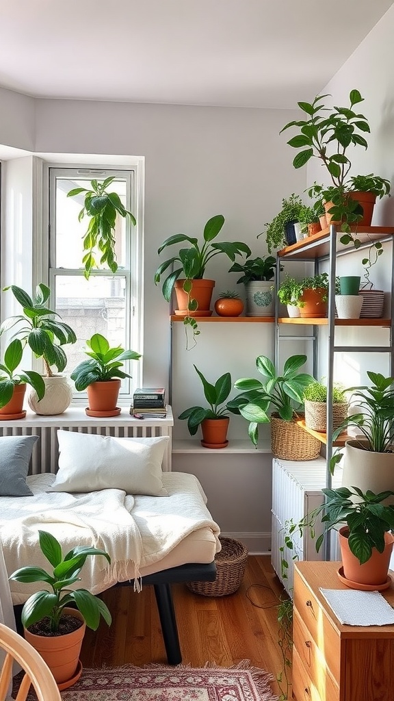 A cozy small bedroom filled with various potted plants, creating a fresh and vibrant atmosphere.