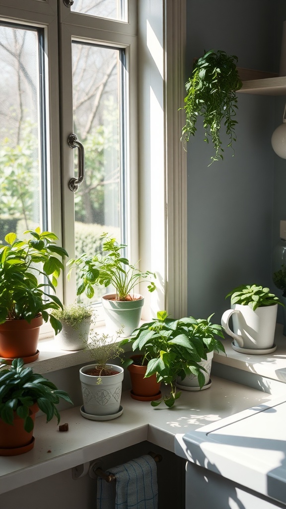 A small kitchen with various potted plants on the countertop and a window, bringing freshness to the space.