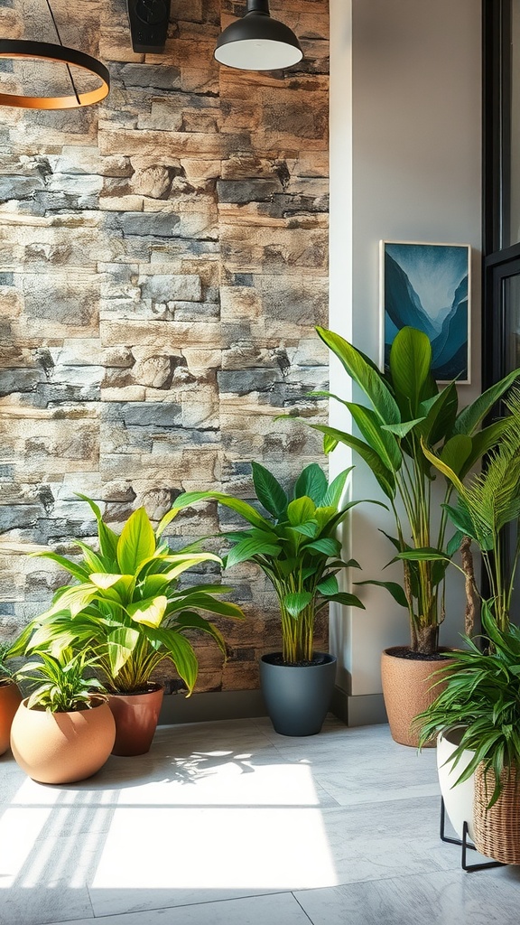 Interior space with a stone wall and various green plants in decorative pots.