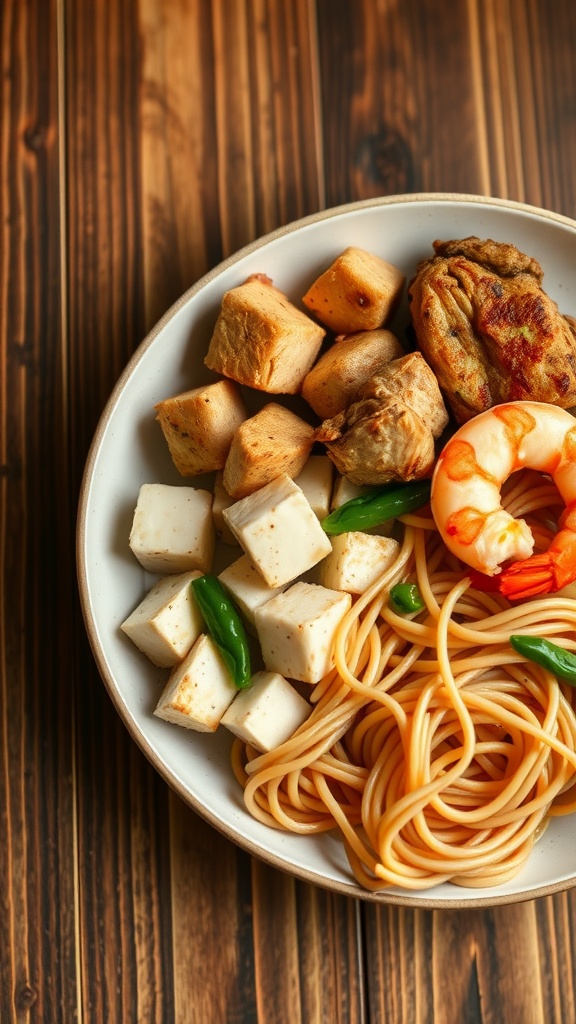 A plate of Hakka noodles with protein options like chicken, shrimp, and tofu, along with colorful vegetables.