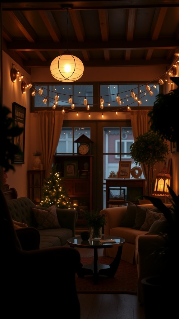 A cozy living room with soft lighting, featuring a lantern and string lights.