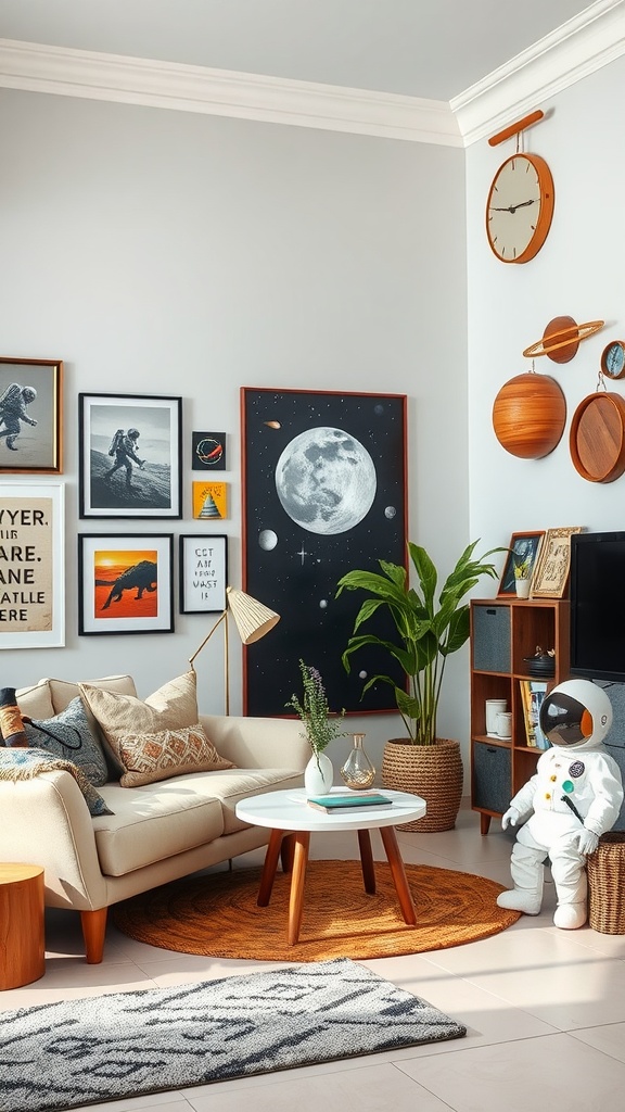 Retro futurism interior featuring space age elements in home decor.