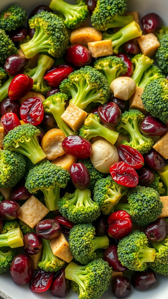 A colorful broccoli salad with dried cranberries, cheese, and nuts.