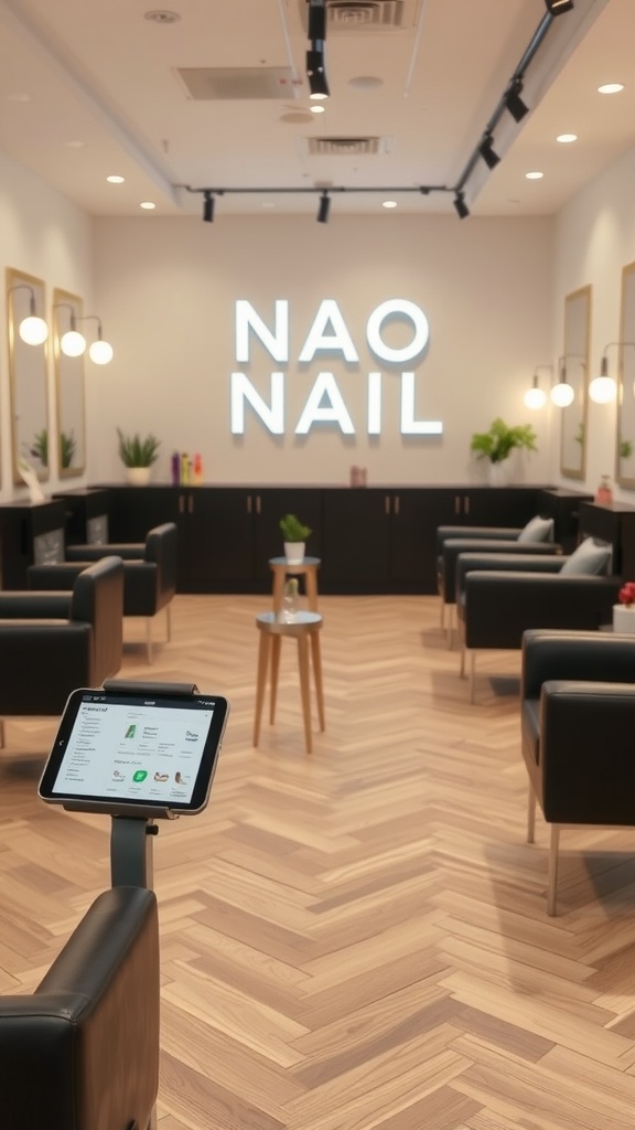 Interior of a modern nail salon with tablets at each station and stylish decor.