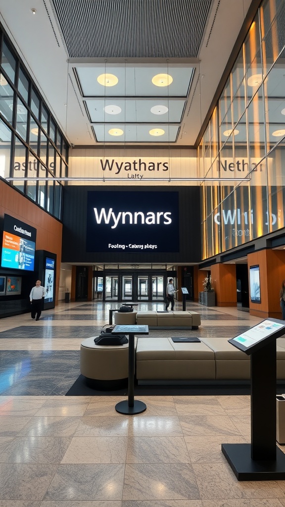 Modern lobby interior featuring digital displays and interactive kiosks