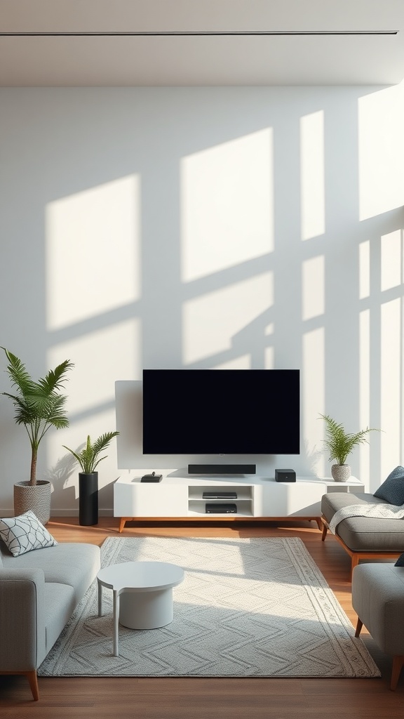 A modern living room with a TV and elegant furniture, showcasing a blend of technology and design.