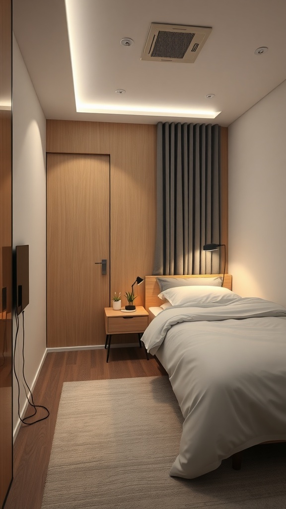 A cozy small bedroom with wooden accents, featuring a bed, a nightstand with a lamp, and a wall-mounted TV.