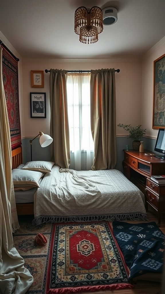 A cozy small bedroom with textiles including blankets and rugs.