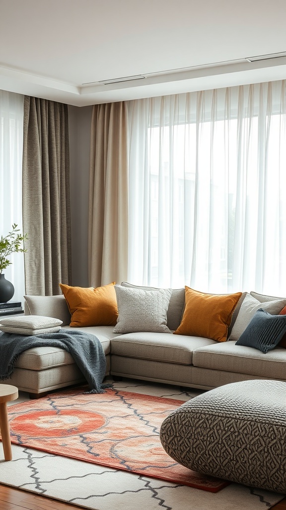 A cozy living room with textured fabrics including pillows and a blanket.