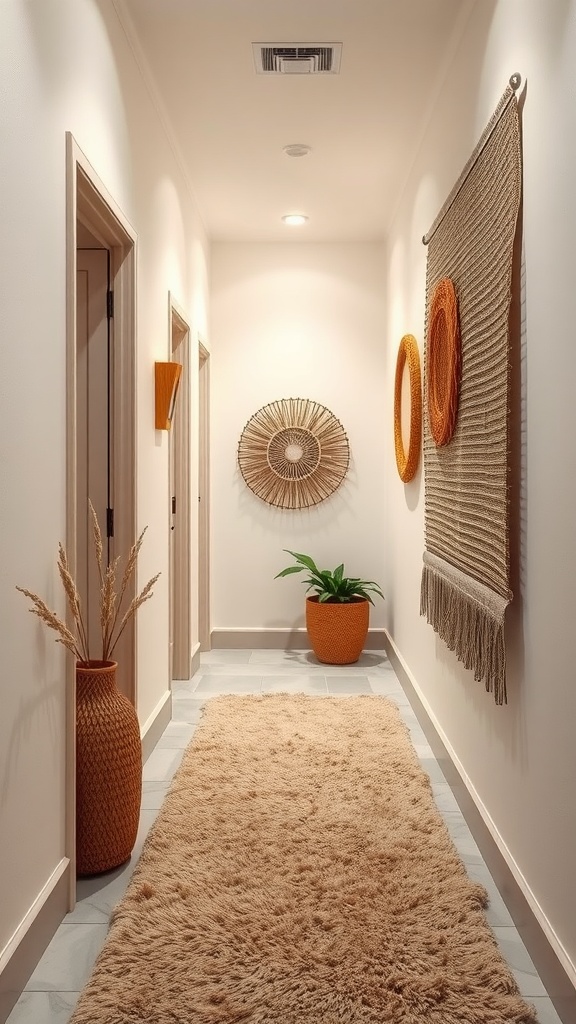 A stylish hallway with textured elements like a fluffy rug, woven wall art, and decorative vases.