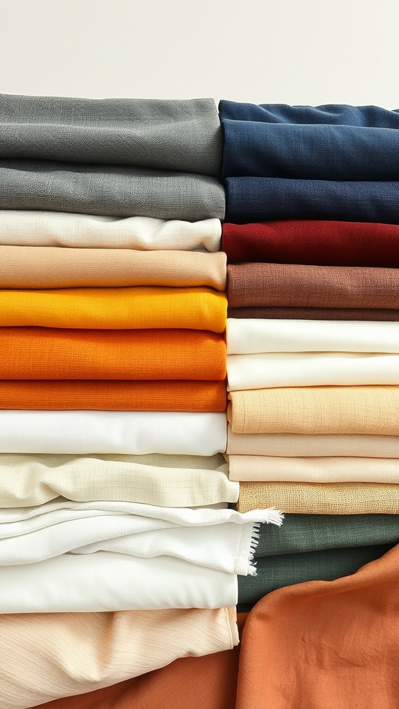 A collection of various fabric swatches in different colors and textures stacked neatly.