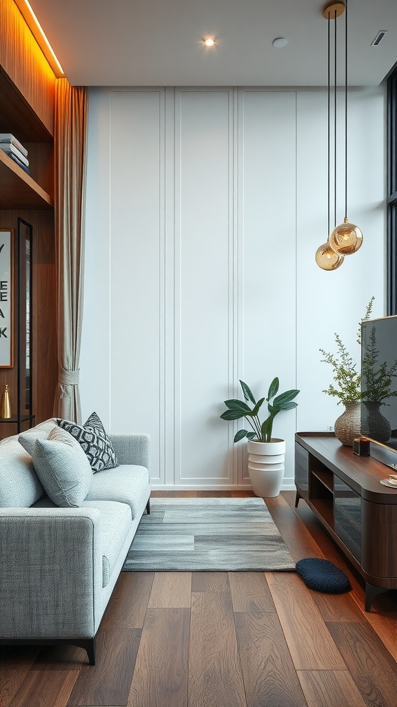 Cozy condo interior featuring a light gray couch, decorative pillows, wooden flooring, and a plant.