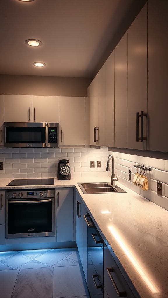 Small kitchen with under-cabinet lighting illuminating the countertop.
