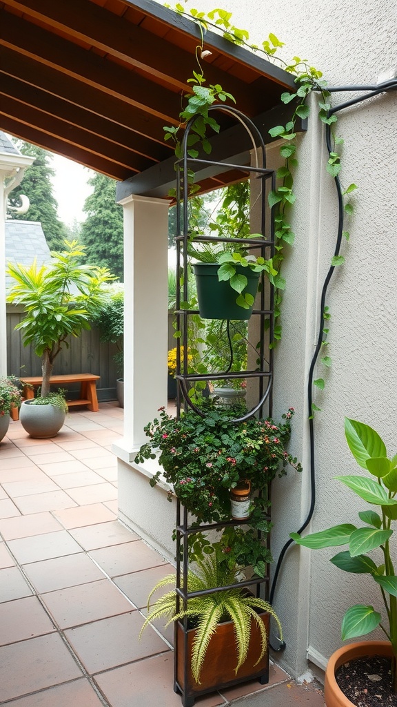 Vertical gardening setup with plants in a small patio