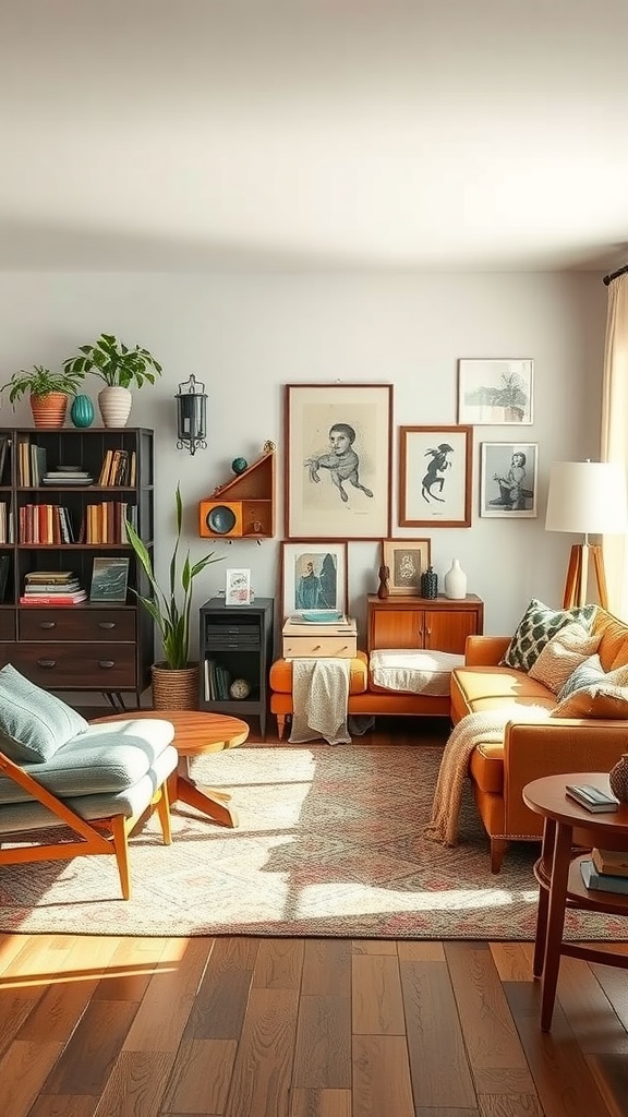 A modern living room featuring vintage accents like a retro bookshelf, colorful armchairs, and framed art.
