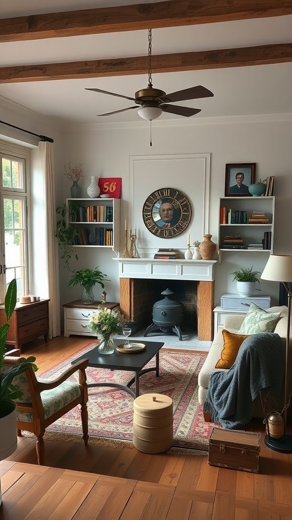 Living room with vintage elements including an antique chair, retro decor, and warm wood accents.