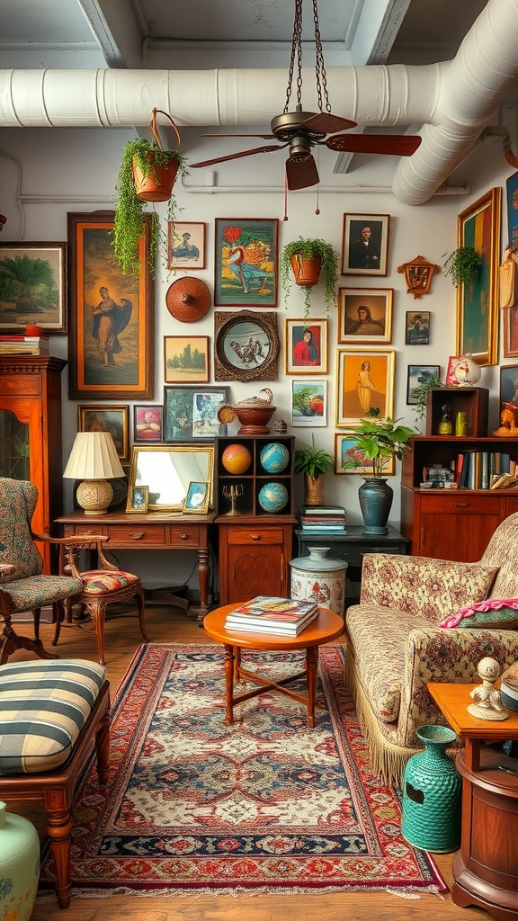 A cozy boho interior featuring vintage furniture and framed artwork on the walls.