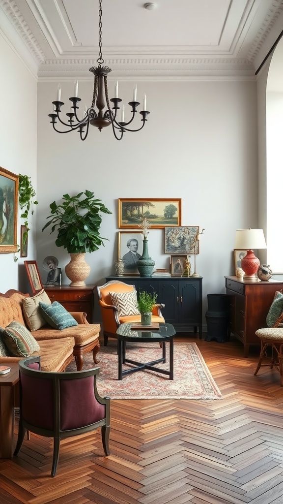 A cozy living room featuring a mix of vintage and modern furniture, showcasing Italian interior design aesthetics.