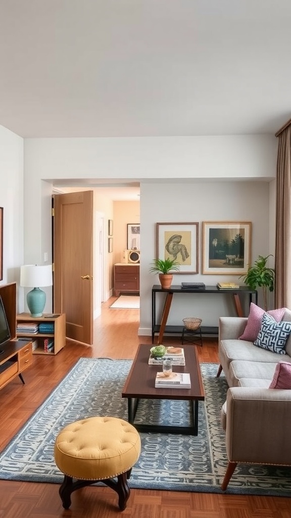 Cozy condo living room with vintage ottoman and framed art.