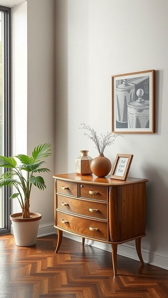 A vintage wooden dresser with modern decor elements in a bright room.