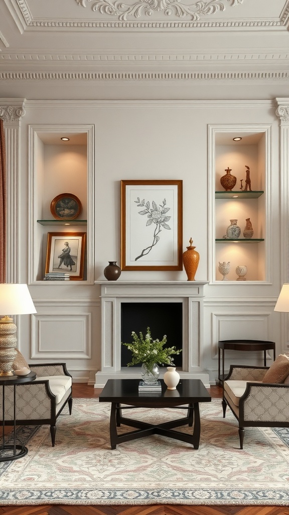 Neoclassical living room with wall niches displaying art and decorative items.