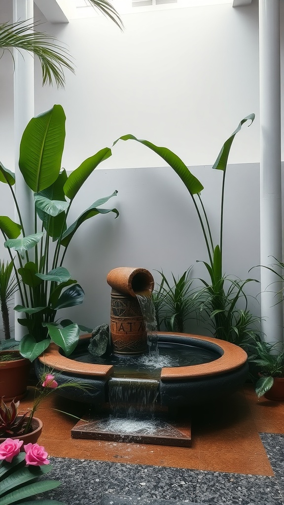 A serene indoor water feature surrounded by tropical plants