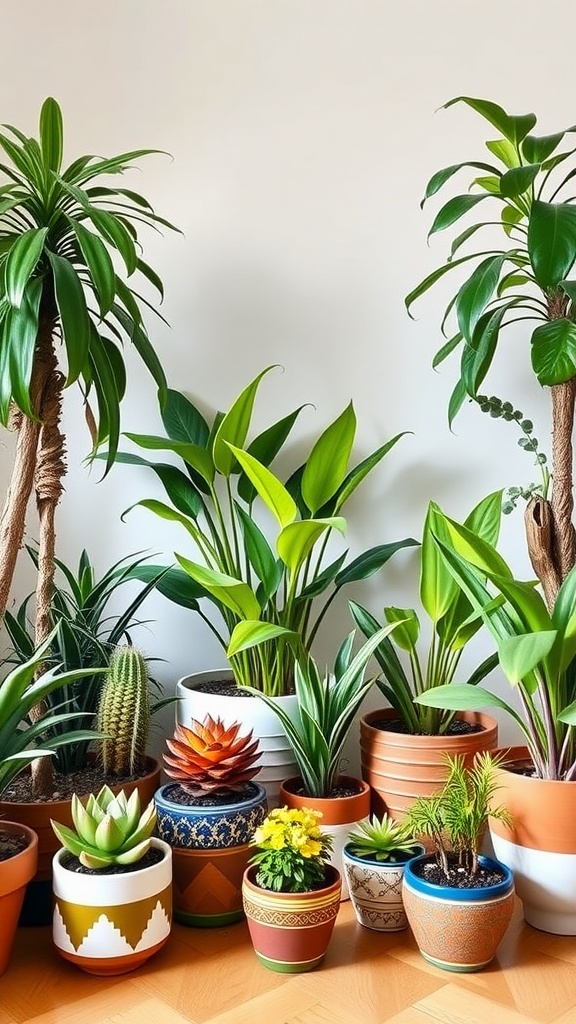 A collection of various indoor plants in decorative pots