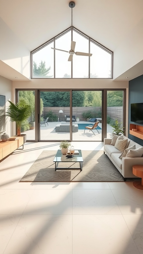 A bright living room with large glass doors leading to an outdoor space, showcasing a stylish interior with modern furniture.