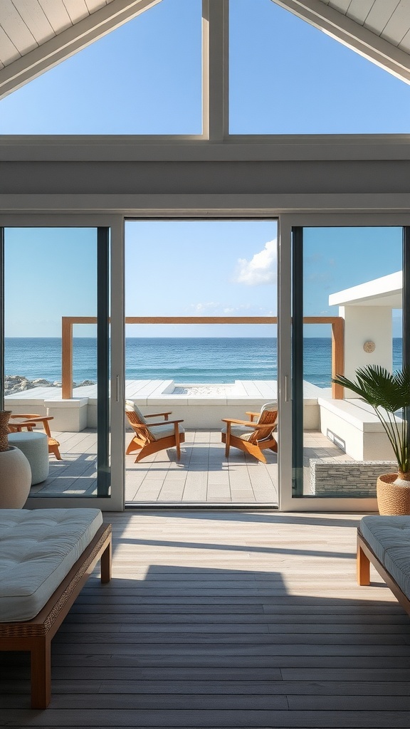 Interior view of a beach house showcasing an open space with large windows leading to a patio
