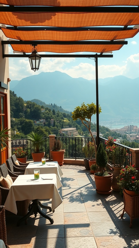 A cozy terrace with tables and plants overlooking a scenic view.