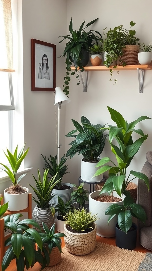 A cozy indoor corner with various houseplants in decorative pots, showcasing a warm and inviting atmosphere.
