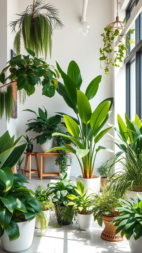 A bright room filled with various indoor plants, enhancing contemporary decor.