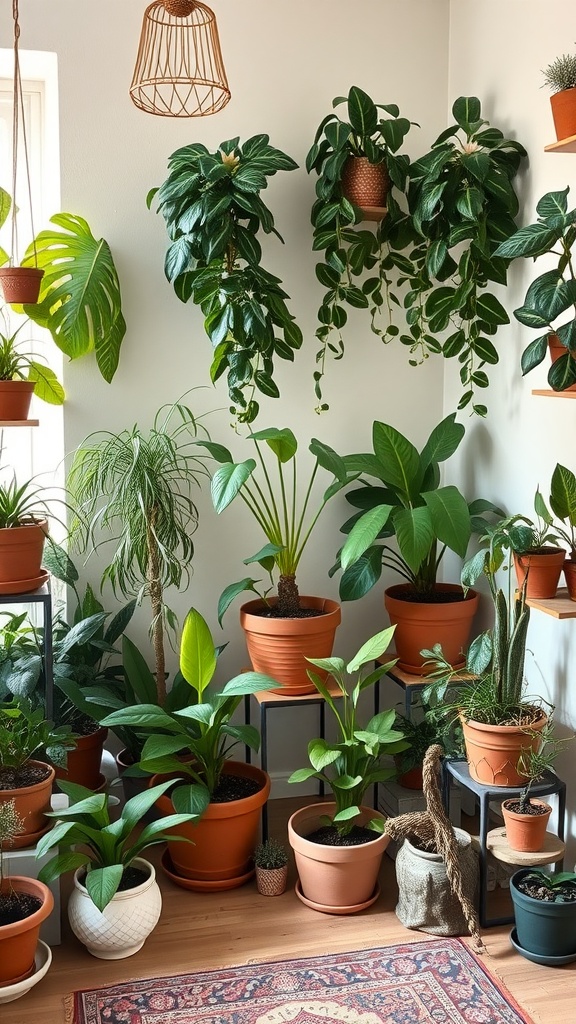 Indoor plants in a cozy bohemian interior design with various pots and a warm color palette.