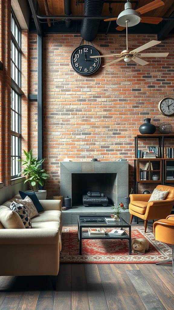 Living room with a brick wall, cozy furniture, and decorative elements.