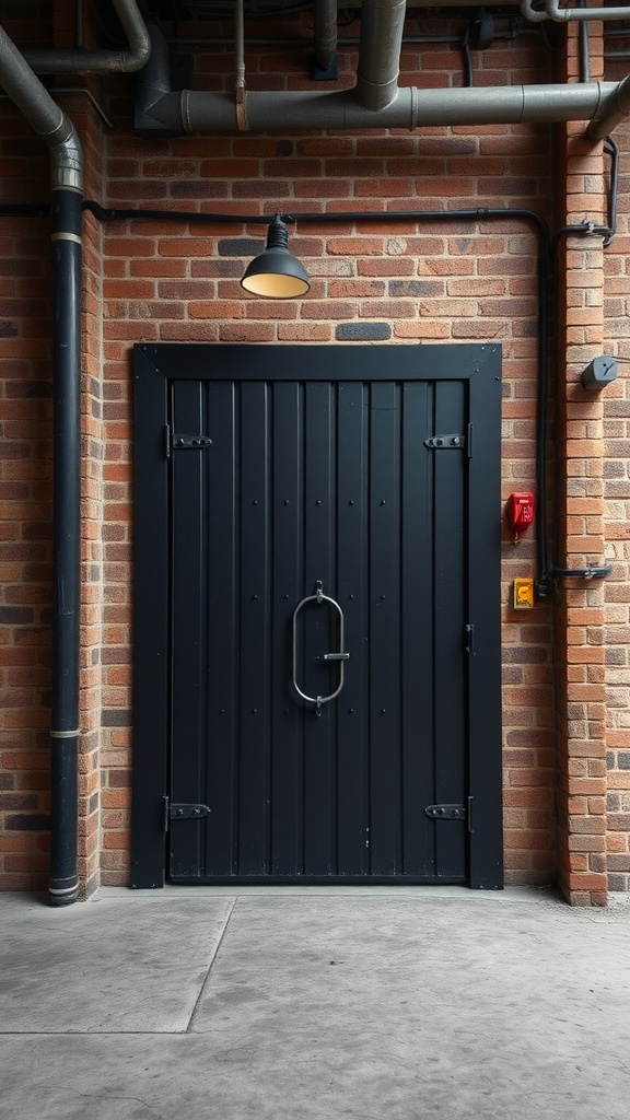 Industrial style black door with metal details against a brick wall