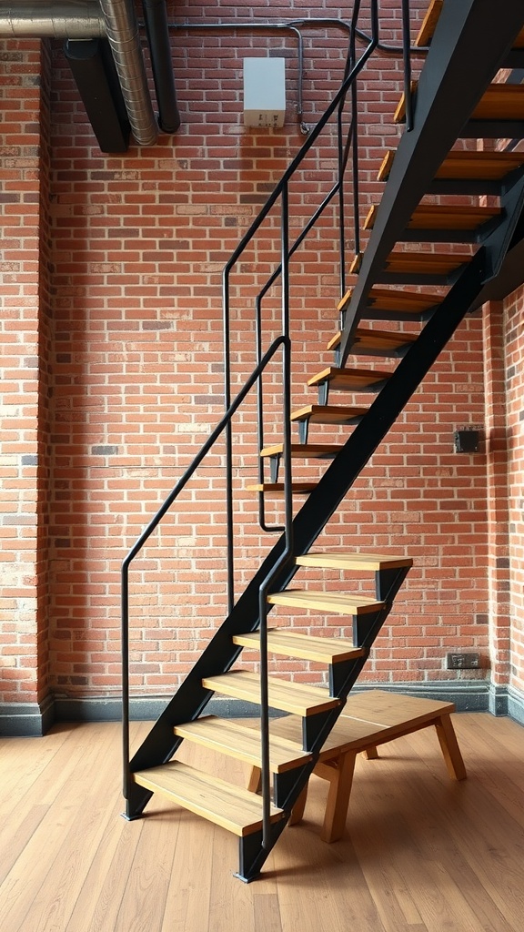 An industrial style staircase with metal and wood design against a brick wall.