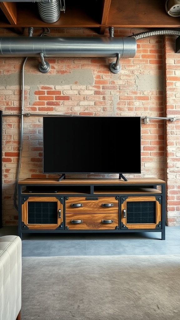 An industrial style TV unit featuring wood and metal design against a brick wall.