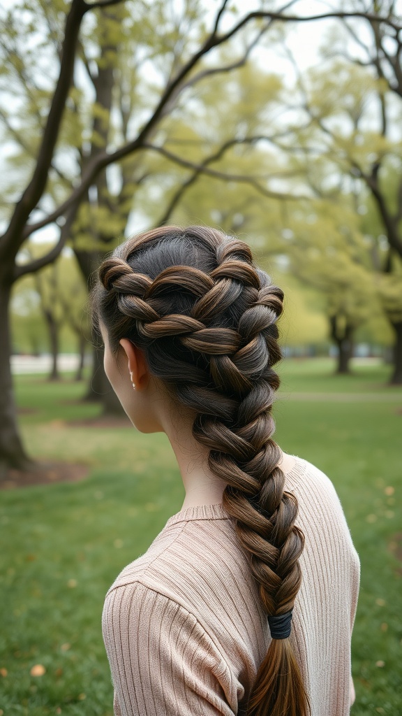 A woman with a beautiful infinity braid hairstyle in an outdoor setting.