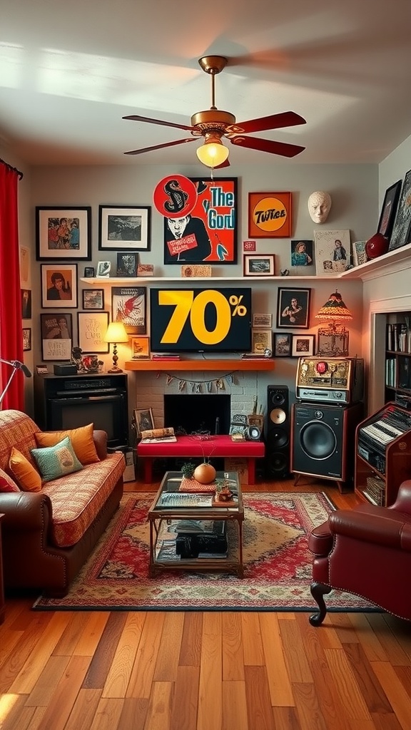 A cozy 70s-inspired living room with vibrant decor and retro furniture.