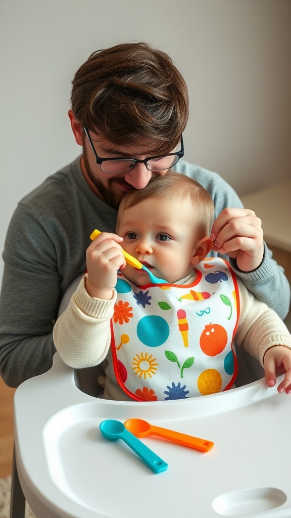 A father helping his baby with feeding, showcasing colorful utensils and a bib.