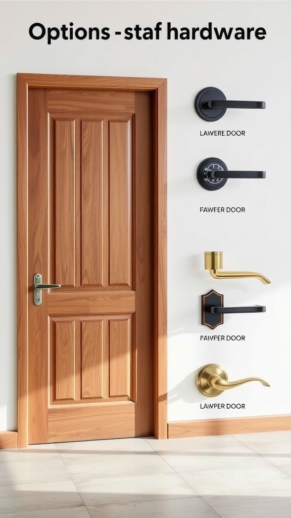 A selection of hardware options for wood doors displayed next to a wooden door.