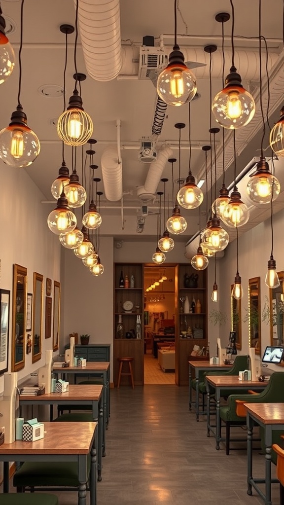 A well-designed nail salon interior with hanging light bulbs.