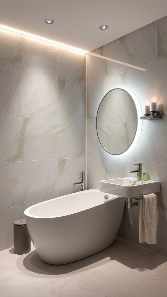 Modern bathroom interior design featuring elegant lighting and minimalist fixtures.