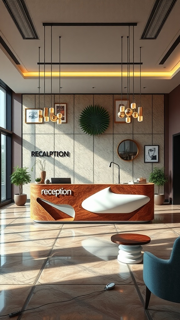 A modern reception desk in a stylish lobby interior design.