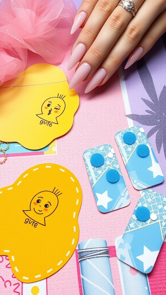 A close-up view of square acrylic nails with playful colors and designs, alongside colorful nail design tools.