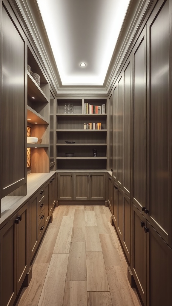 A well-designed hall featuring built-in cabinets and open shelves, showcasing innovative storage solutions.
