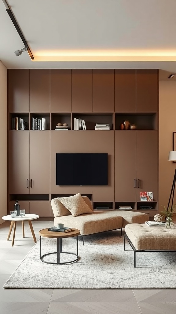 A modern living room with stylish storage solutions, featuring a large wall unit and comfortable seating.