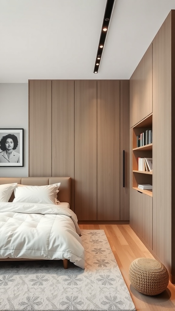 A modern bedroom featuring a built-in wardrobe and open shelving, showcasing innovative storage solutions.