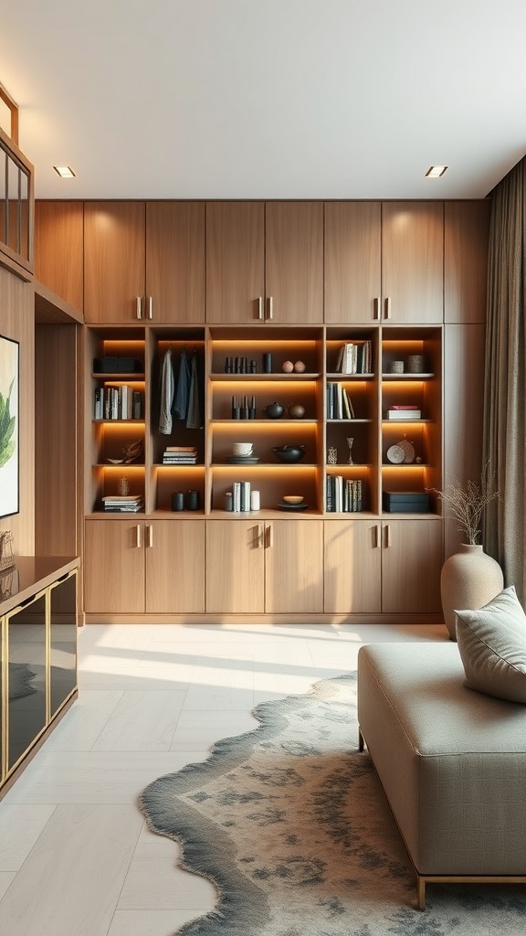 Elegant wooden storage unit with books and decorative items, showcasing innovative design in a luxury home interior.