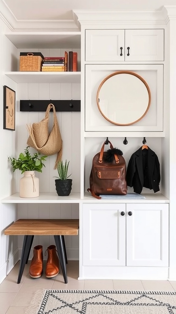 A stylish Nordic-inspired entryway showcasing storage solutions with shelves, hooks, and a bench.